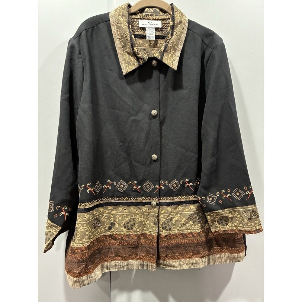 Erin London Black Patterned Button Front‎ Jacket XL Vintage Boho